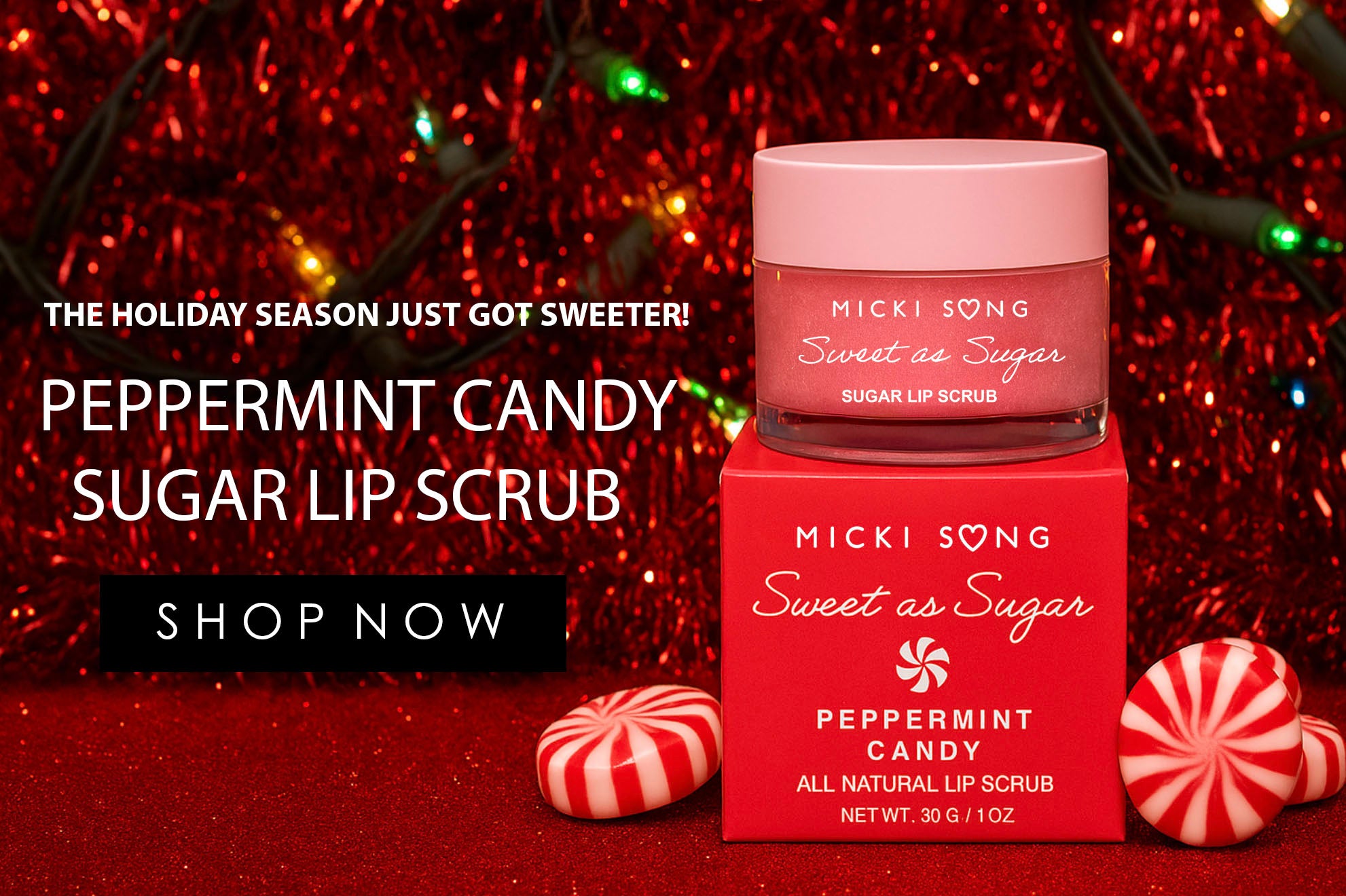 Micki Song Peppermint Candy Sugar Lip Scrub with packaging on a festive background